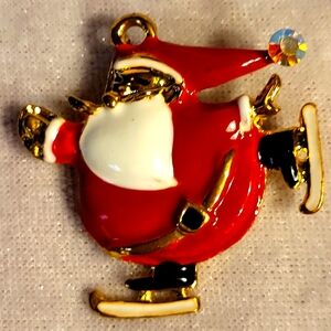 Vintage Red / White Enamel Skating Santa Christmas Goldtone Brooch / Pin